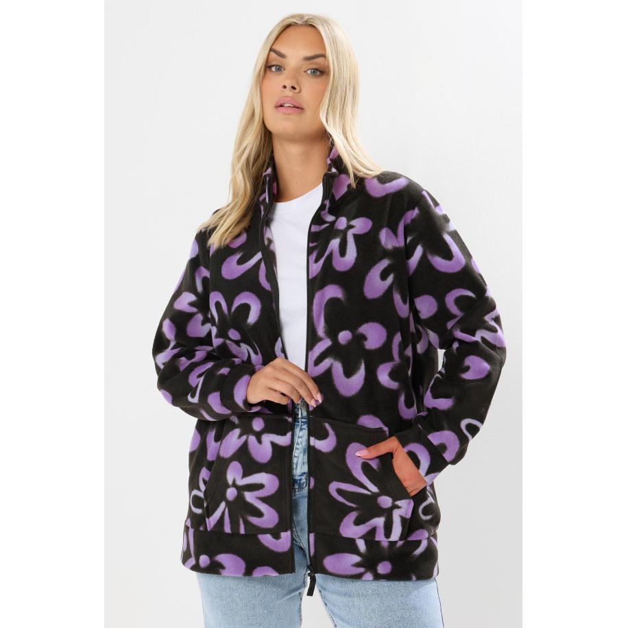 Yours Curve Zwart Fleecejack Met Ritssluiting En Bloemenmotief Size 58-60 Zwart