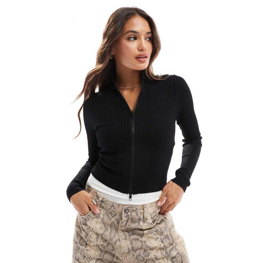 Cotton On Geribbeld vest met dubbele rits en kraagje in zwart Zwart