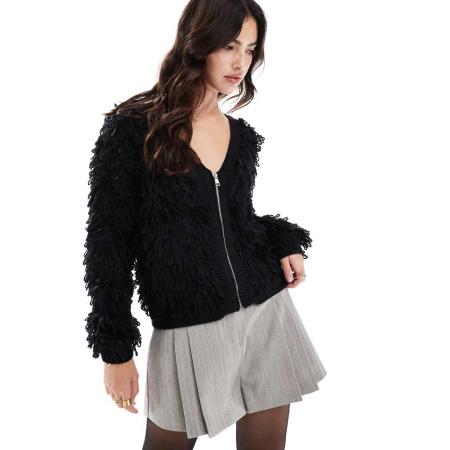 Brave Soul Gebreid vest met lusjes en rits in zwart