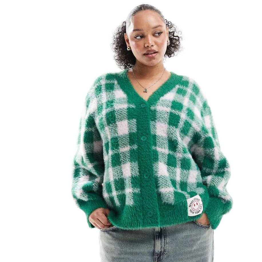 Renee Studio Plus Exclusives Geruit pluizig vest met knopen en logopatch in groen-Veelkleurig Multicolor