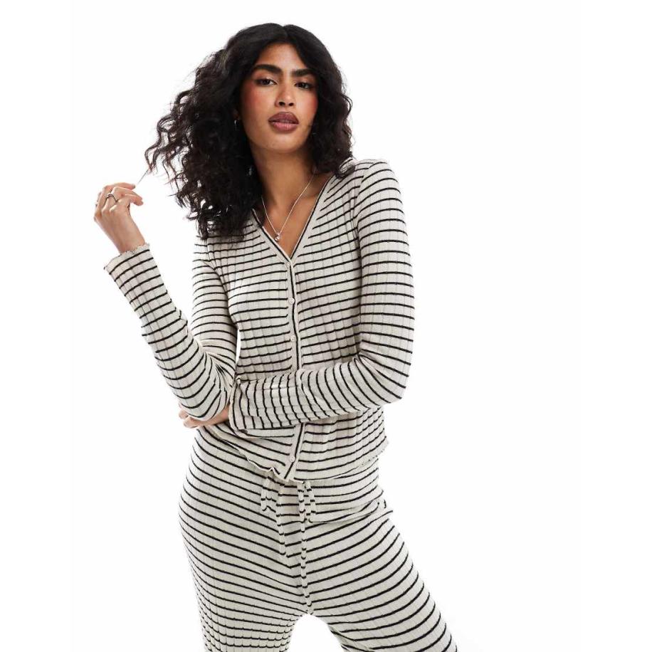 Pieces Gestreept vest van jersey met lange mouwen in zwart-wit, deel van co-ord set-Neutraal Multicolor