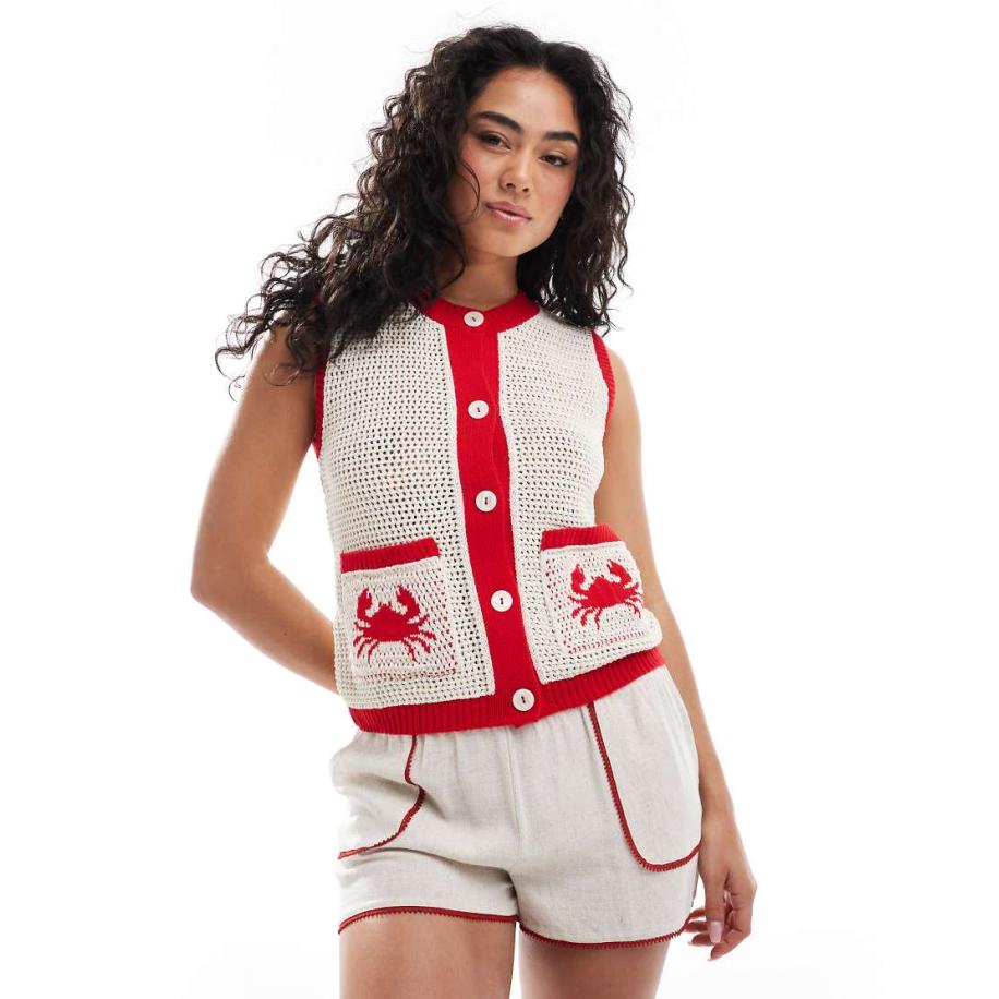 ASOS DESIGN Gehaakt vest met krab in ecru-Veelkleurig Multicolor