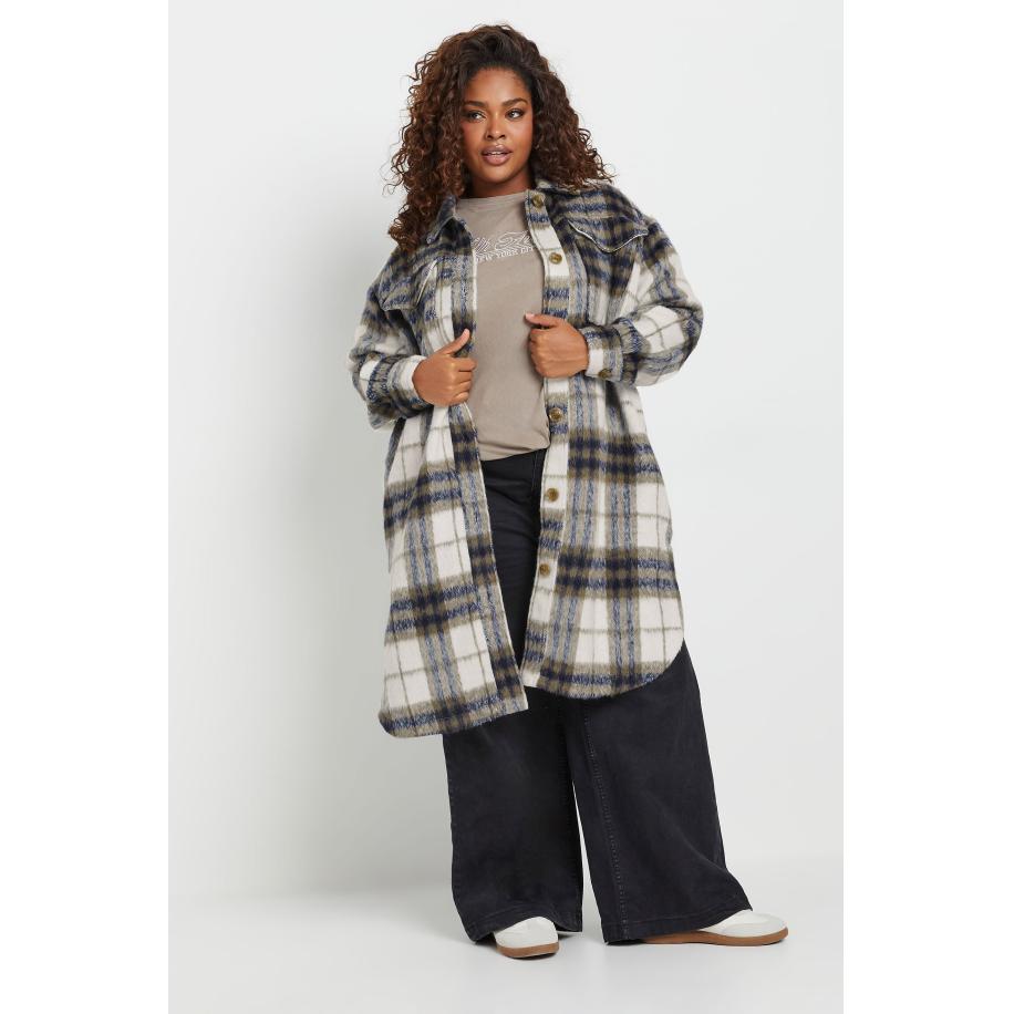 Yours Shacket In Een Lange Pasvorm Met Ruitenprint In Blauw/Beige Size 58-60 Blauw