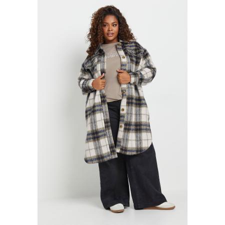 Yours Shacket In Een Lange Pasvorm Met Ruitenprint In Blauw/Beige Size 58-60