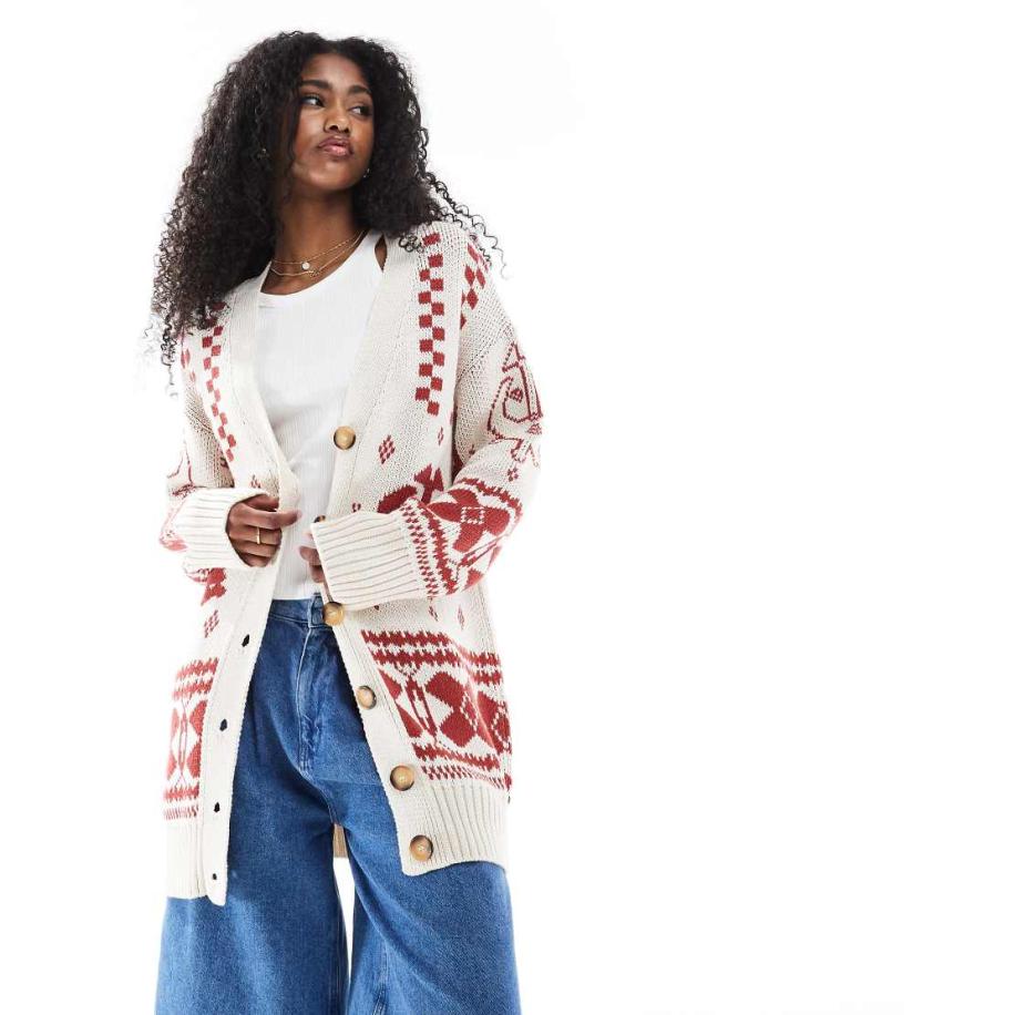 ASOS DESIGN Gebreid vest met lange pasvorm, V-hals en geometrisch patroon in roestbruin-Kastanjebruin Bruin