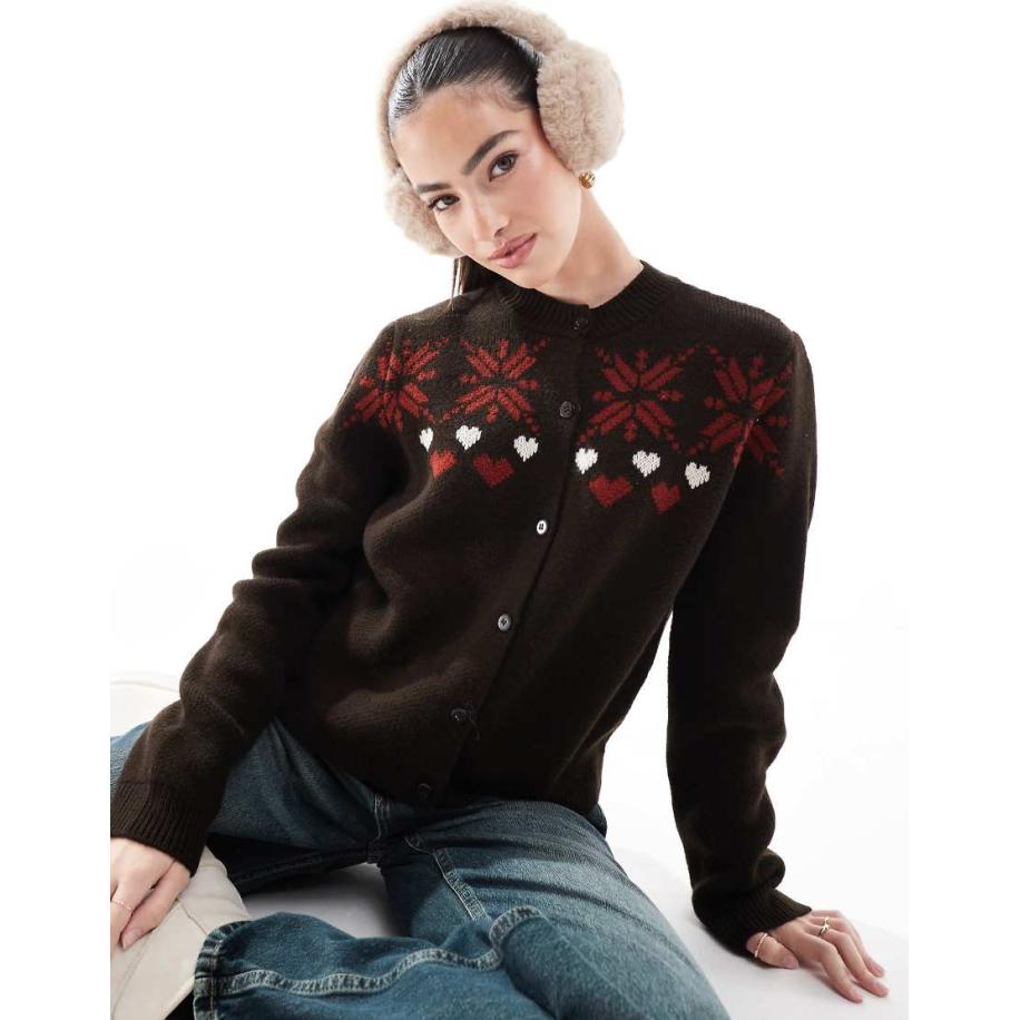 Miss Selfridge Jacquard gebreid vest in bruin met hartjes en sneeuwvlokken Bruin