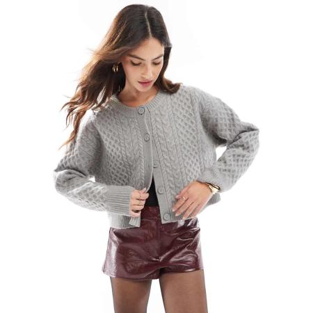 ASOS DESIGN Kabelgebreid vest met ronde hals in lichtgroen-Grijs