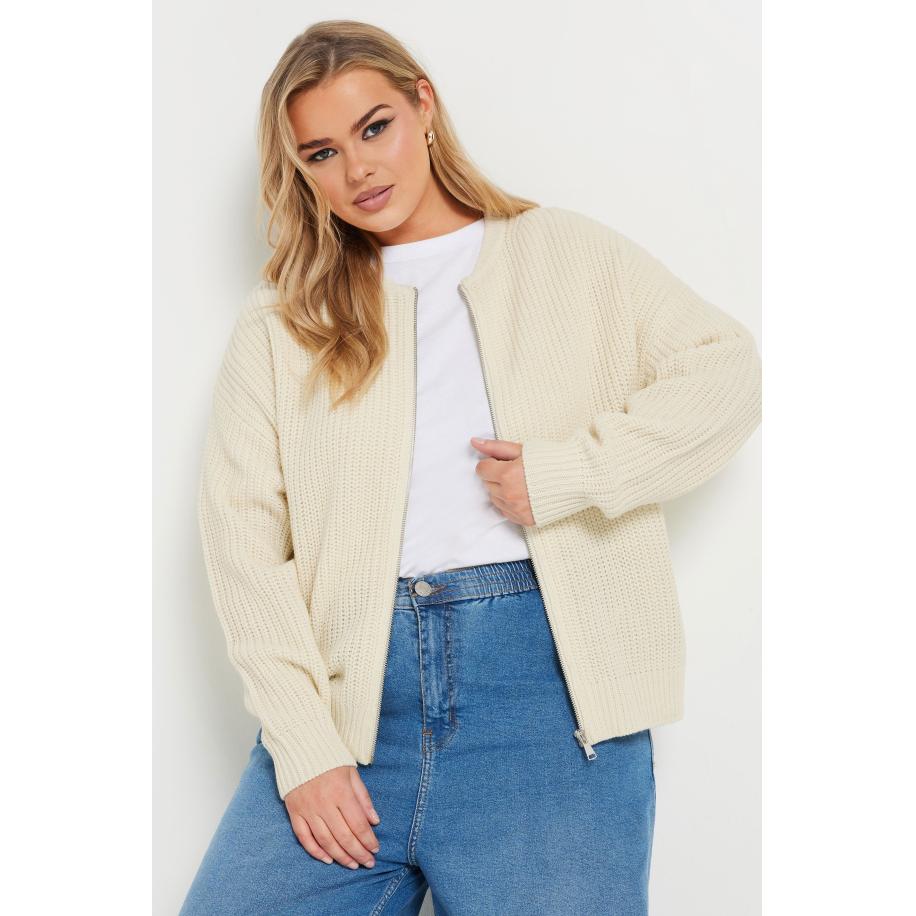 Yours Gebreid Bomberjack Met Rits In Crème Size 54-56 Bruin