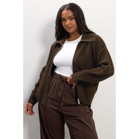 Yours Curve Bruin Gebreid Bomber Vest Met Kraag Size 62-64