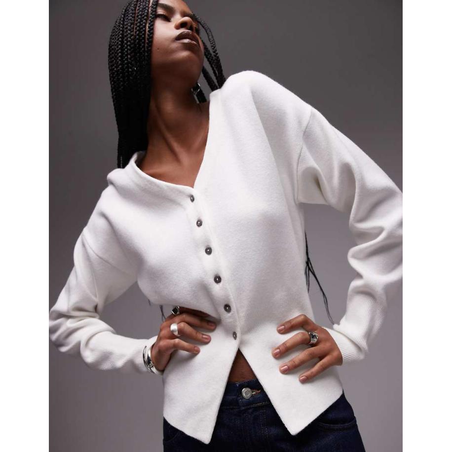Topshop Compact gebreid getailleerd vest met lange pasvorm en V-hals in ivoorwit Wit