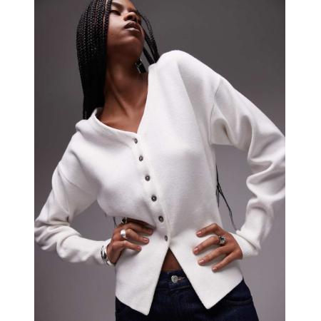 Topshop Compact gebreid getailleerd vest met lange pasvorm en V-hals in ivoorwit