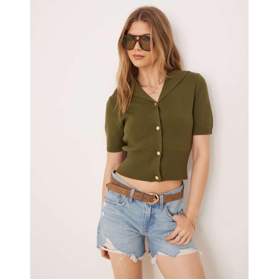 ASOS DESIGN Vest met korte mouwen en matrozenkraag in kaki-Bruin Bruin