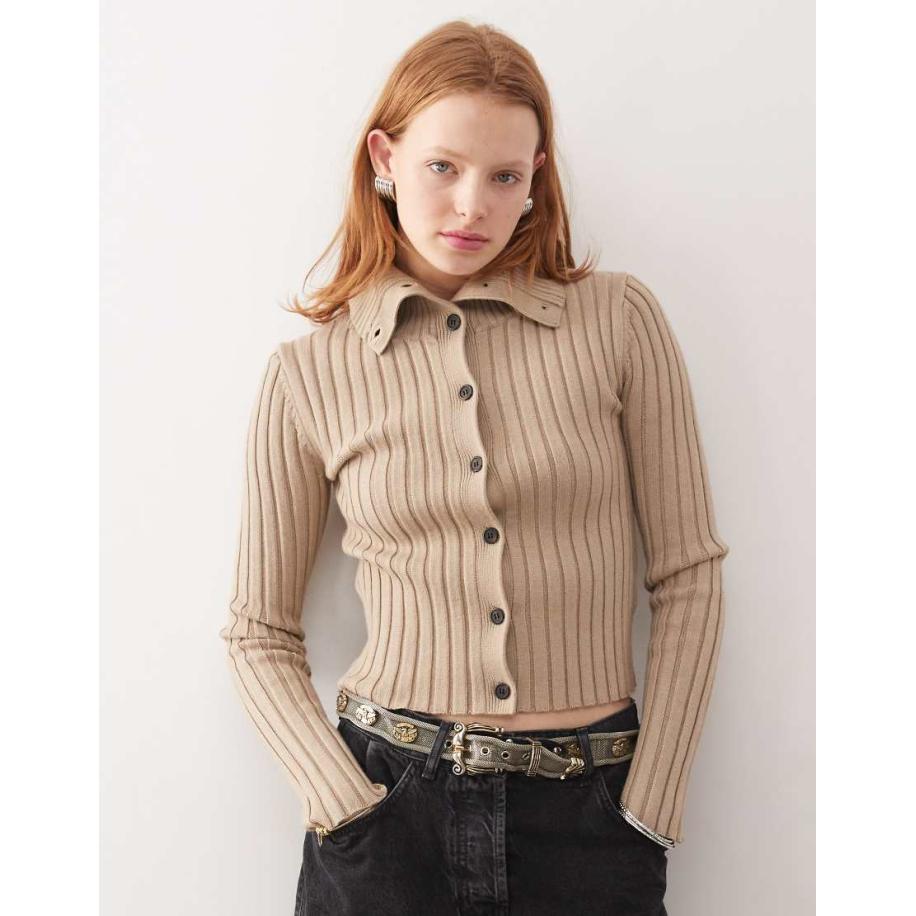 Weekday Jackie Hoogsluitend grofgebreid geribbeld vest in beige-Neutraal Multicolor