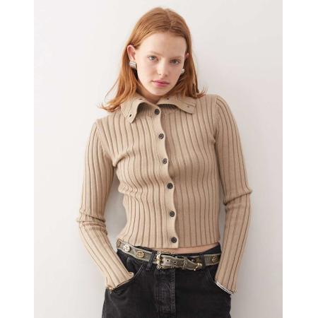 Weekday Jackie Hoogsluitend grofgebreid geribbeld vest in beige-Neutraal