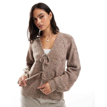 Object Gebreid vest met gestrikte voorkant in woestijn taupe-Neutraal