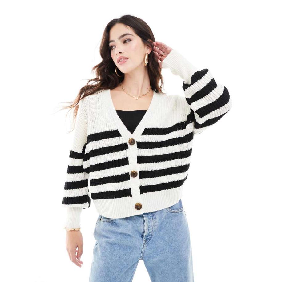 Vero Moda Grofgebreid geribbeld vest met knopen in wit-blauwe streep Wit