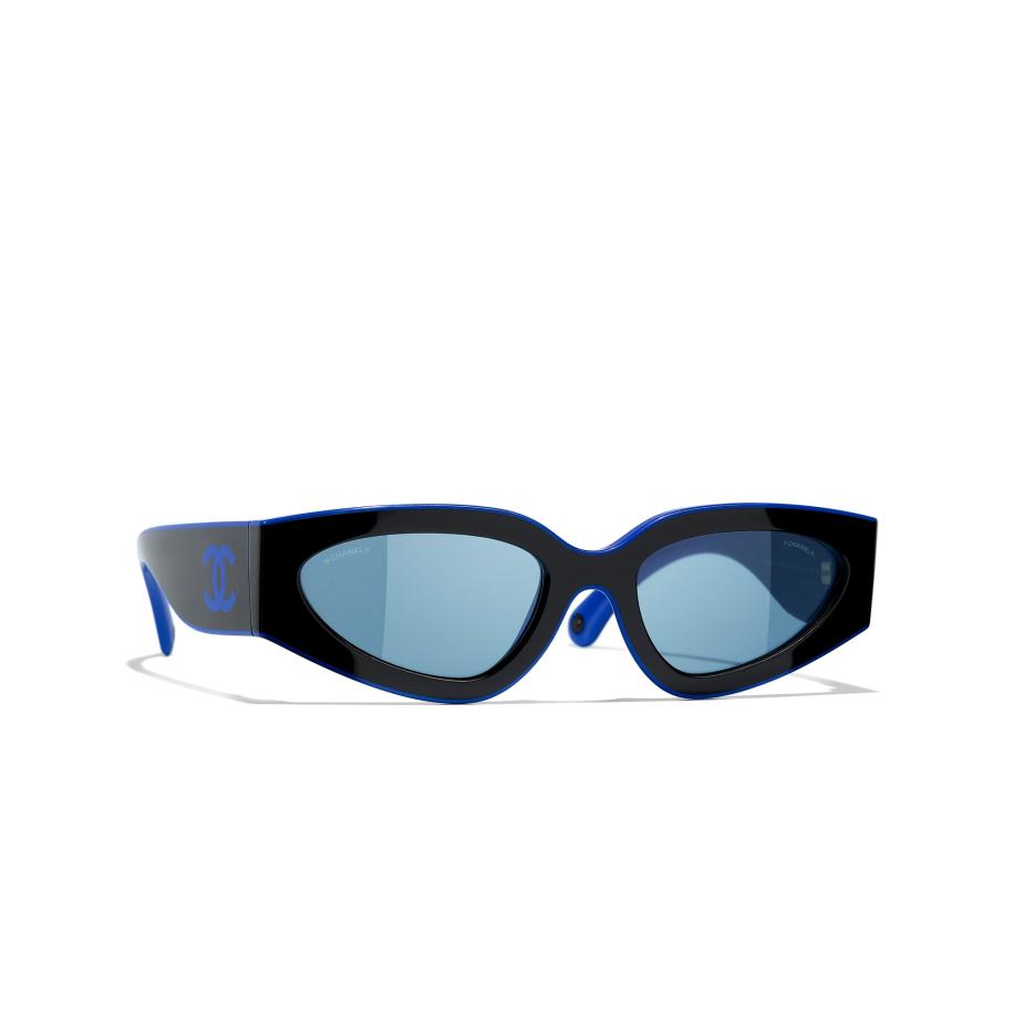 Chanel Vrouwelijk Sunglass Cat Eye Sunglasses CH6056 - Framekleur: Black & Blue, Lenskleur: Blauw Blauw