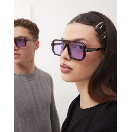 Reclaimed Vintage - Uniseks aviator zonnebril met vierkante rand en blauwe glazen-Bruin