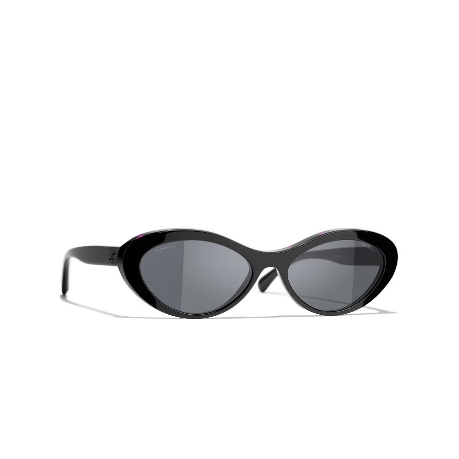 Chanel Vrouwelijk Sunglass Oval Sunglasses CH5416 - Framekleur: Black & Pink, Lenskleur: Grijs Grijs