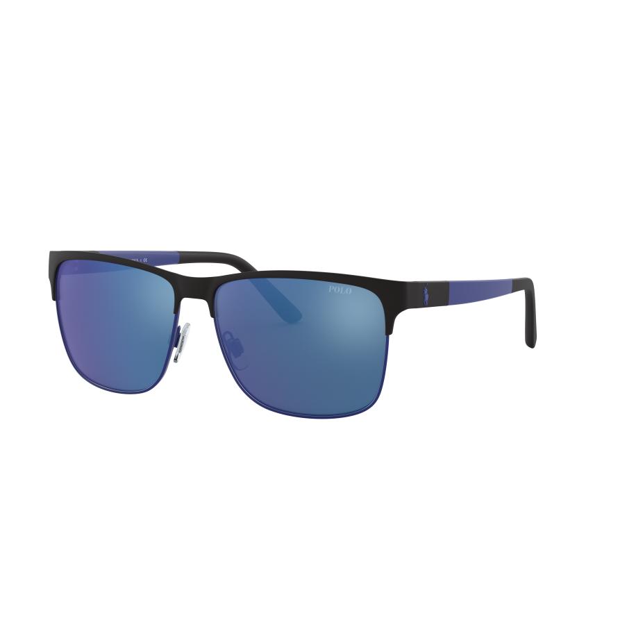 Polo Ralph Lauren Mannelijk Sunglass PH3128 - Framekleur: Matzwart op mat koningsblauw, Lenskleur: Gespiegeld blauw Multicolor