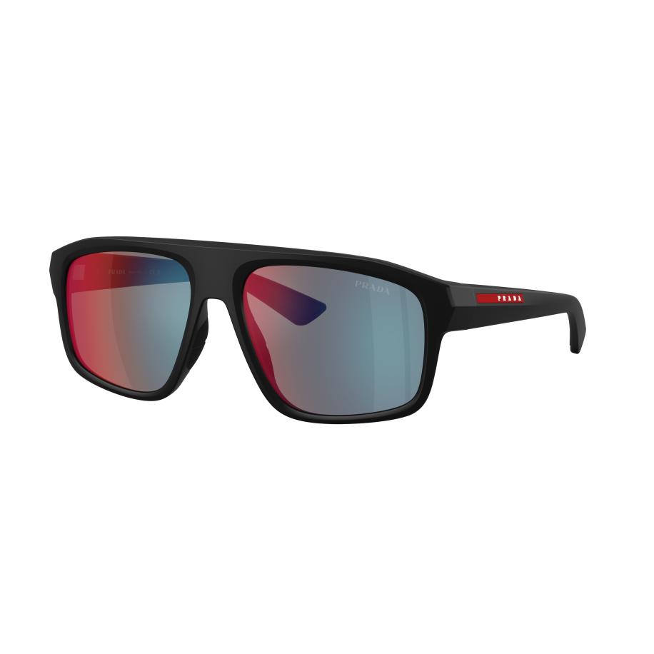 Prada Linea Rossa Mannelijk Sunglass PS B02S - Framekleur: Matzwart, Lenskleur: Donkergrijs gespiegeld blauw/rood Multicolor