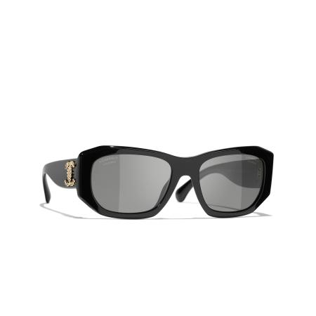 Chanel Vrouwelijk Sunglass Rectangle Sunglasses CH5554 - Framekleur: Zwart, Lenskleur: Grijs