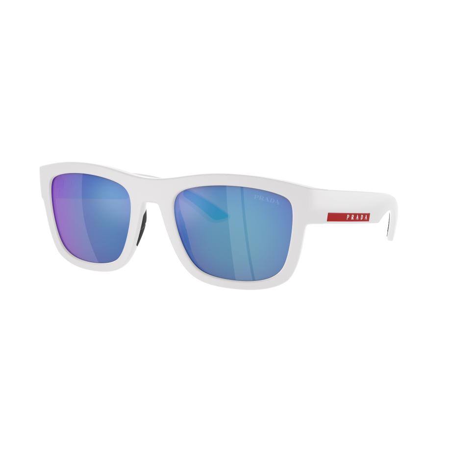 Prada Linea Rossa Mannelijk Sunglass PS 1ZS - Framekleur: Wit rubber, Lenskleur: Lichtgroen gespiegeld blauw Multicolor