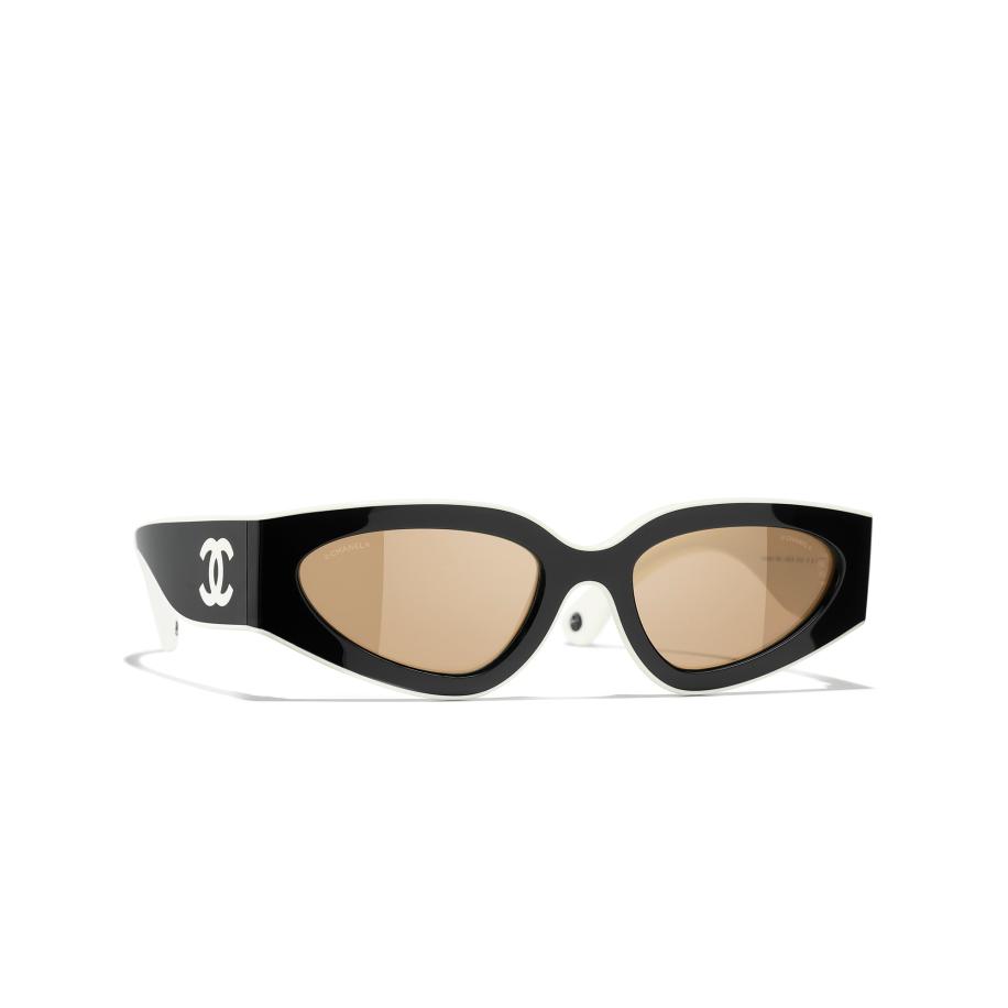 Chanel Vrouwelijk Sunglass Cat Eye Sunglasses CH6056 - Framekleur: Zwart en wit, Lenskleur: Bruin Bruin