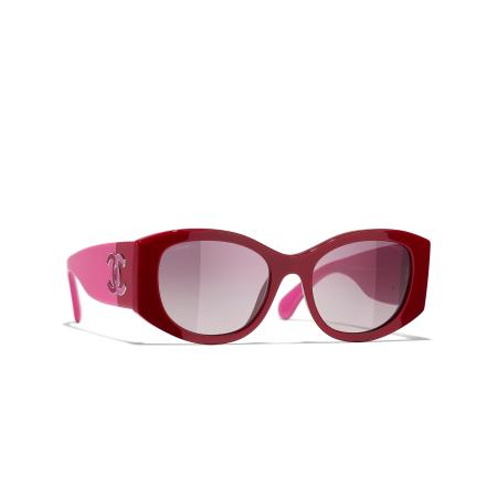 Chanel Vrouwelijk Sunglass Oval Sunglasses CH5524 - Framekleur: Rood, Lenskleur: Grijs & roze