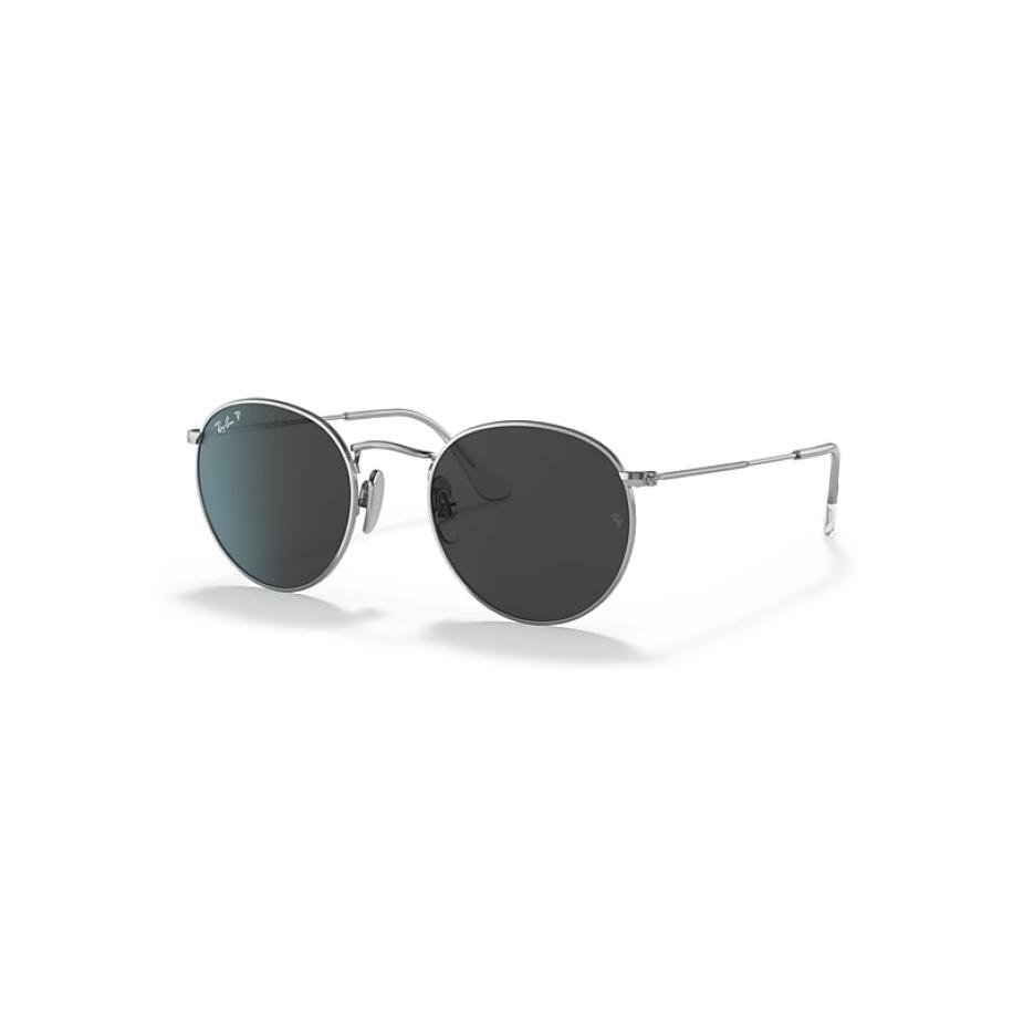 Ray-Ban Round Titanium zonnebril Zilver montuur Zwart glazen Gepolariseerd 47-21 Zilver