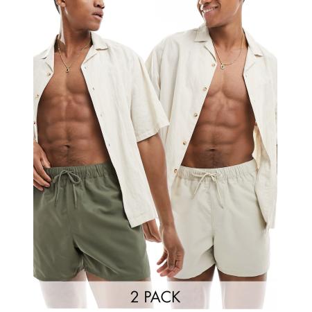ASOS DESIGN - Set van 2 korte zwemshorts in stone/kaki-Veelkleurig