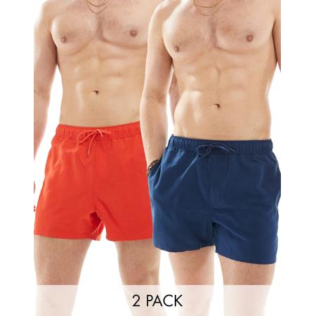 ASOS DESIGN - Set van 2 kortere zwemshorts in marineblauw/rood-Veelkleurig