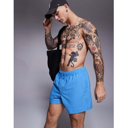 ASOS DESIGN - Korte seersucker zwemshort in blauw