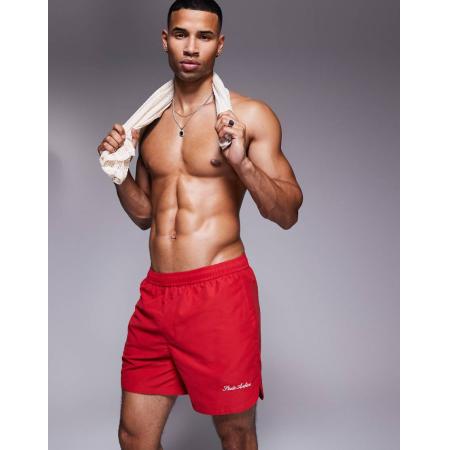 ASOS DESIGN - Halflange zwemshort met borduursel in rood