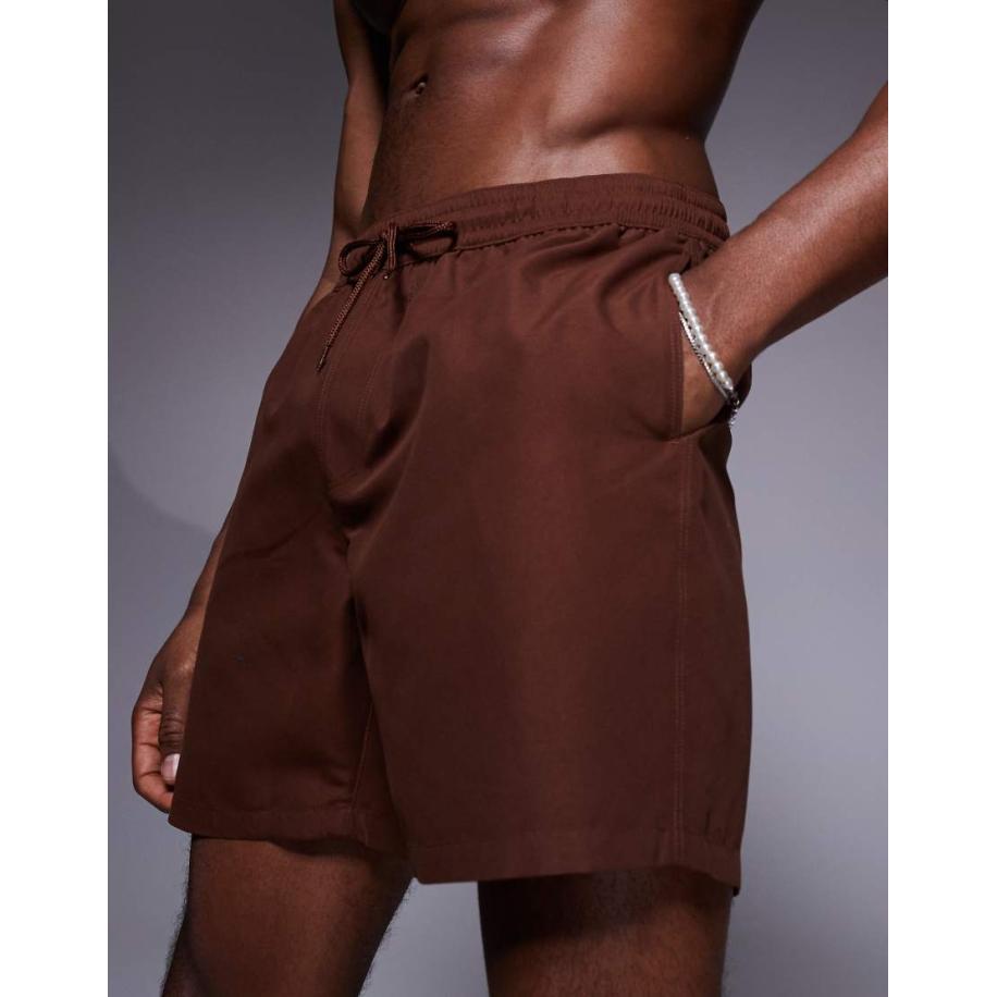 ASOS DESIGN - Halflange zwemshort in donkerbruin Bruin