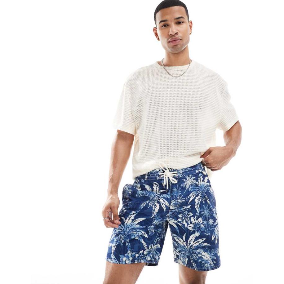 Polo Ralph Lauren - Palm Island - Lange zwemshort met icoonlogo en palmenprint in middenblauw Blauw